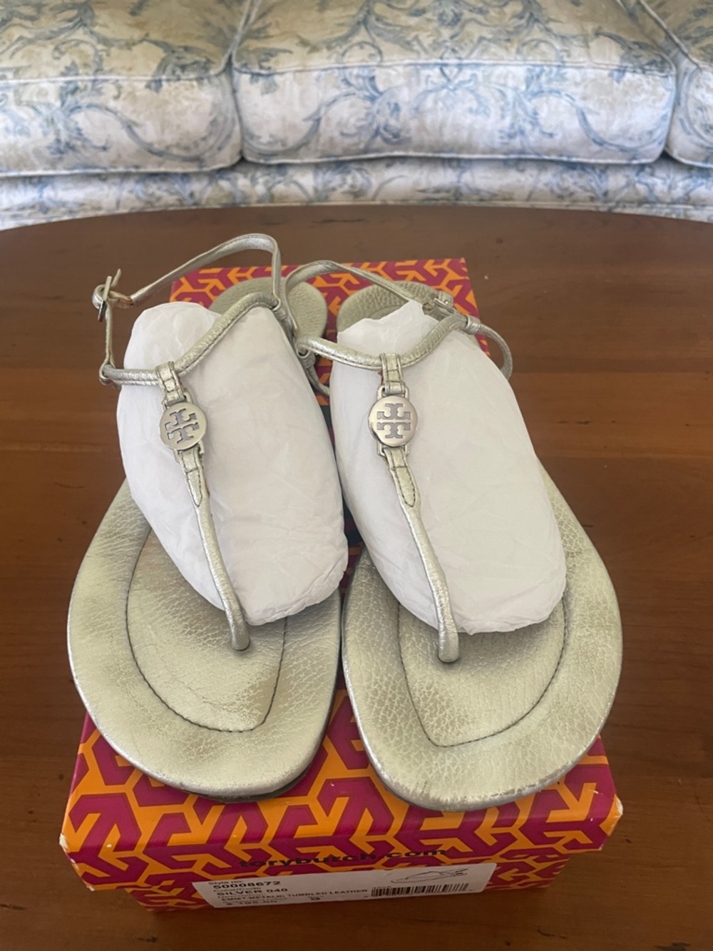 Tory Burch Metallic Silver T-Strap Leather Sandals